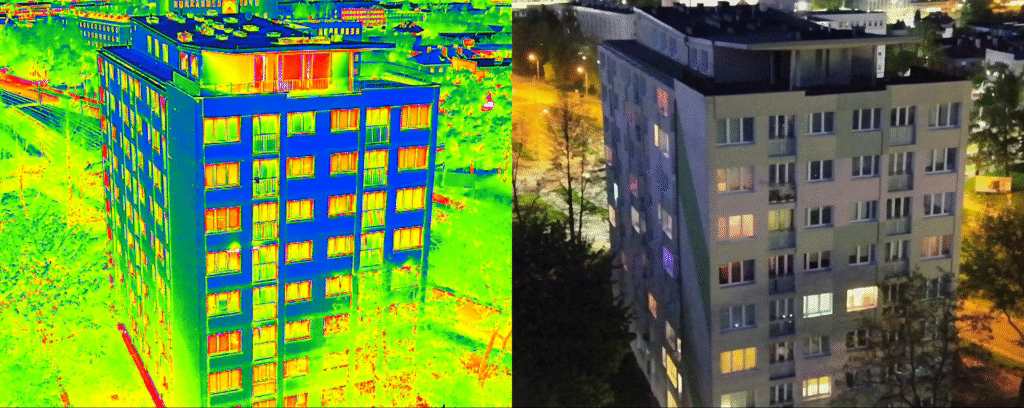 Inspekcja termowizyjna bloku mieszkalnego dronem – wykrywanie strat ciepła i usterek izolacji