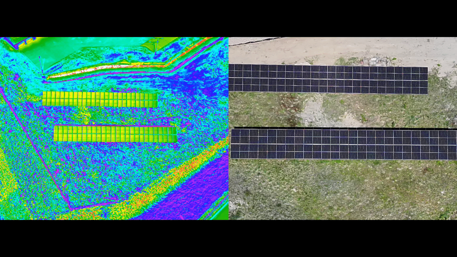 Termowizyjne badanie instalacji fotowoltaicznej – inspekcja paneli fotowoltaicznych kamerą termowizyjną w celu wykrycia uszkodzeń, przegrzewania i spadków wydajności.