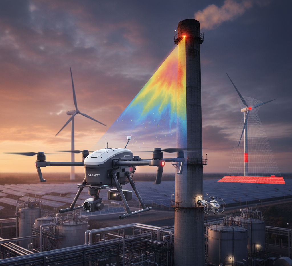 Inspekcja dronem w przemyśle z użyciem kamery termowizyjnej na kominie fabrycznym, z tłem farmy wiatrowej.